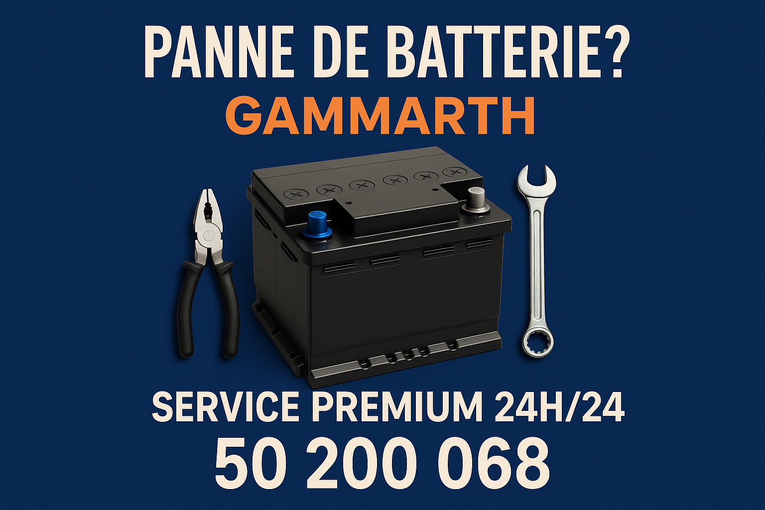Affiche publicitaire PANNE DE BATTERIE GAMMARTH - SERVICE PREMIUM 24H/24 pour le service de dépannage batterie haut de gamme